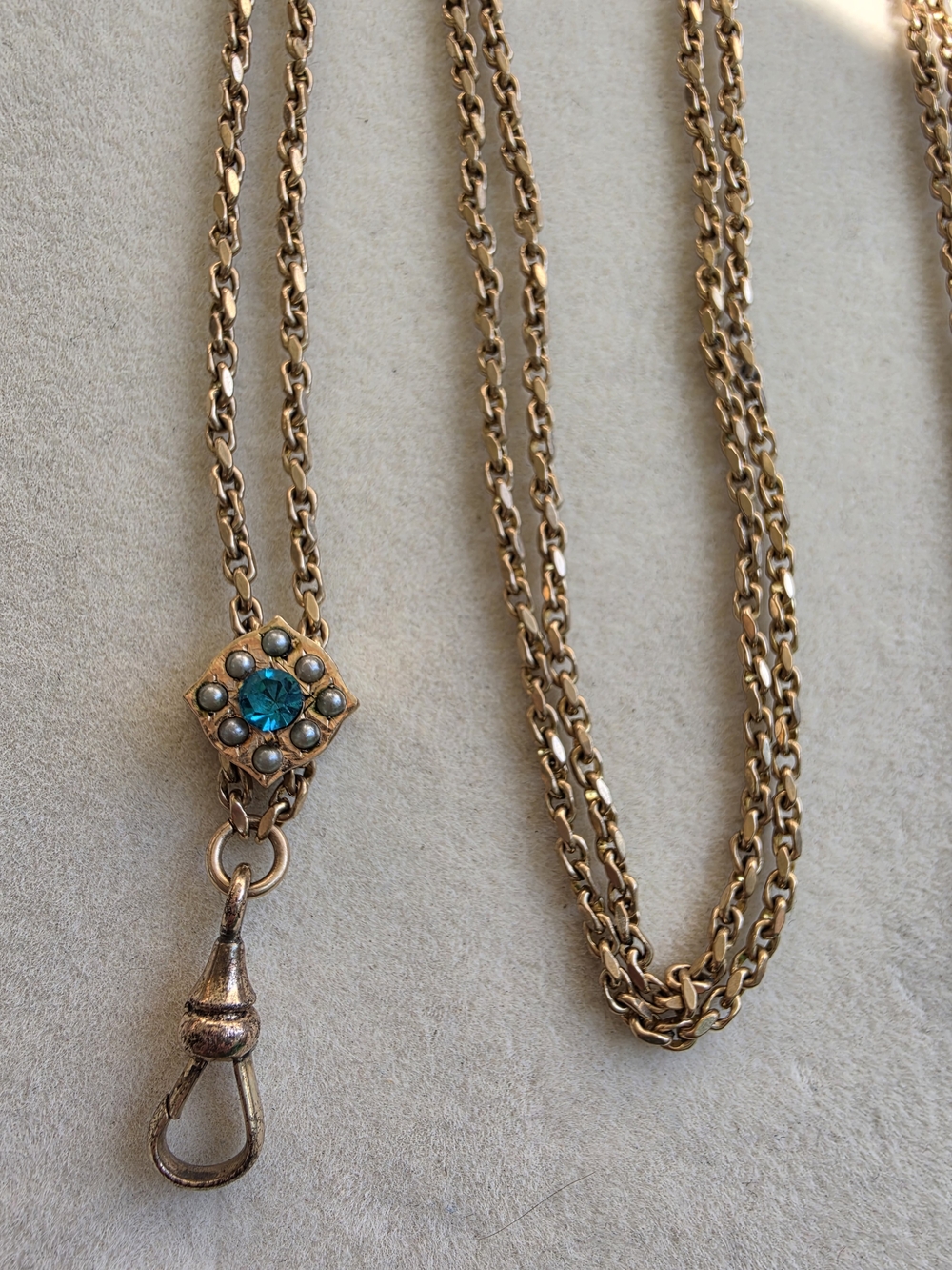 Antique Gold-Tone Watch Chain with Genuine Seed Pearls & Blue Paste Glass - Picture 2 of 12